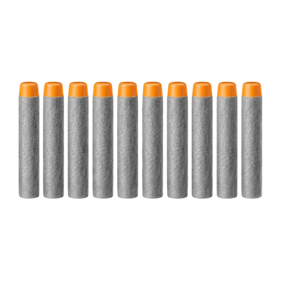 Ten plastic darts with grey body and orange tips