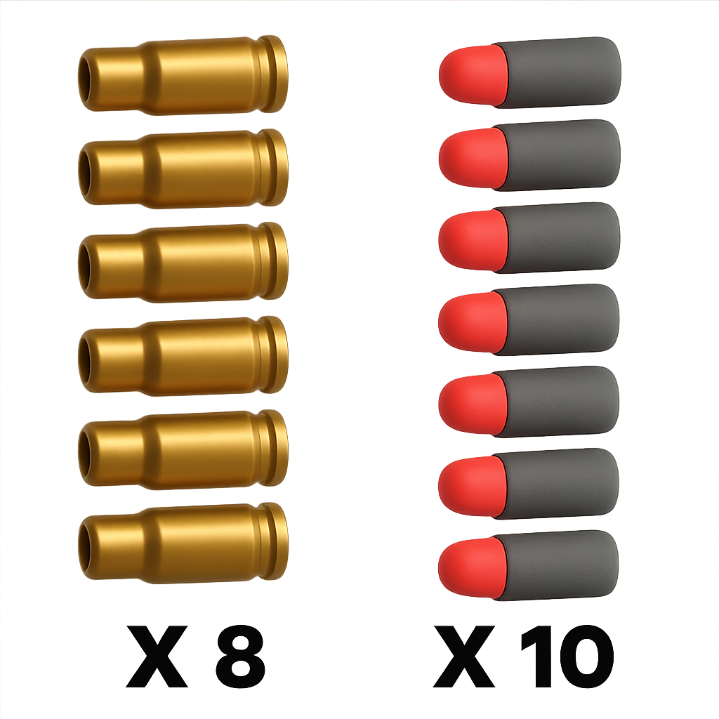 Bigblaster ammo refill with eight gold casings and ten red plastic darts