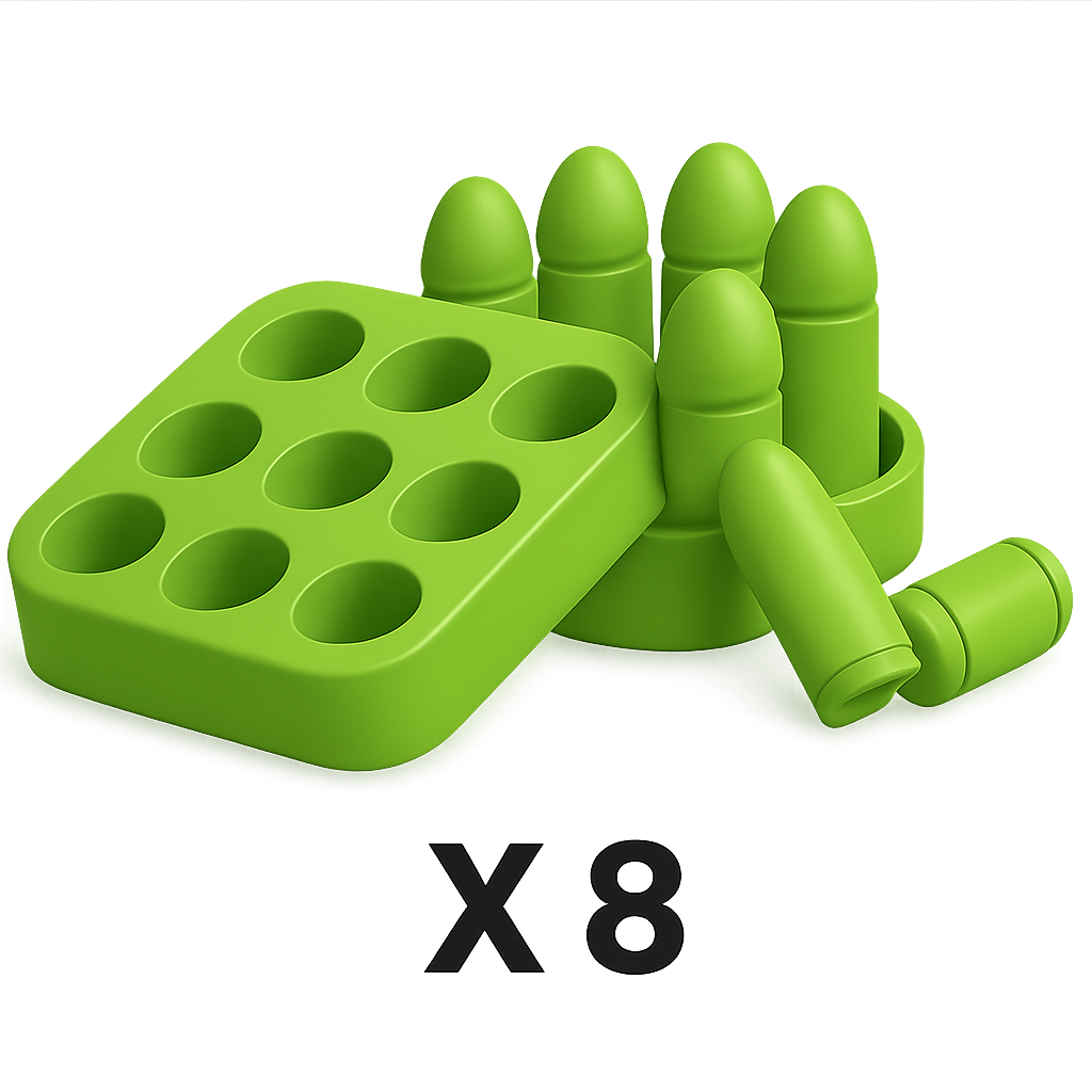 Eight green reusable casings with reload tray pack