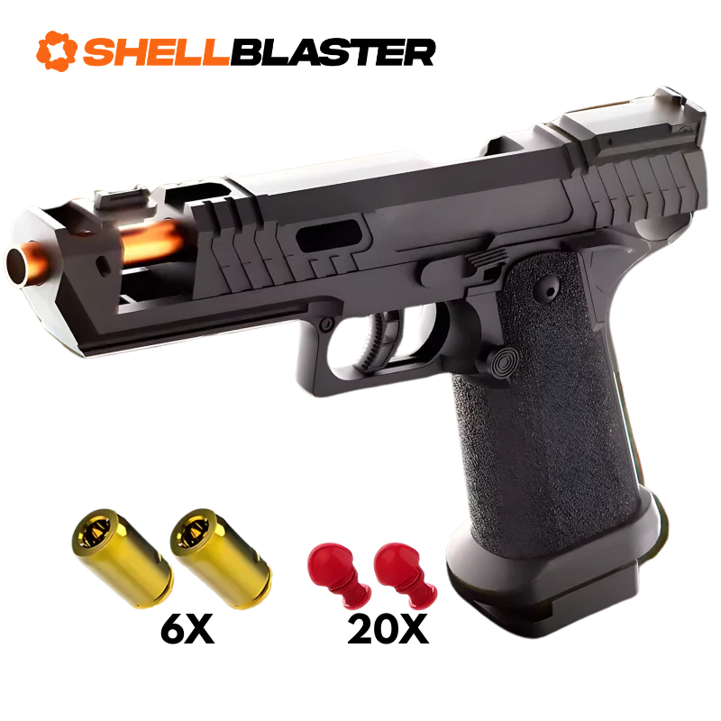 Thunder toy shell blaster pistol — detail shot of slide, grip and trigger