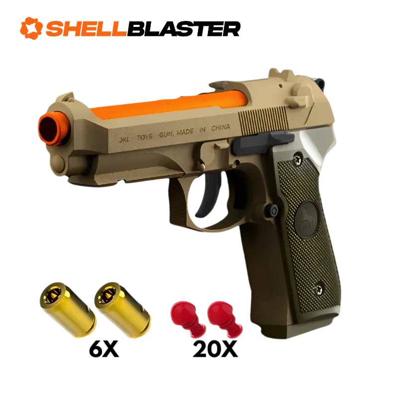 Emerald toy shell blaster pistol — full kit contents with casings and plastic darts