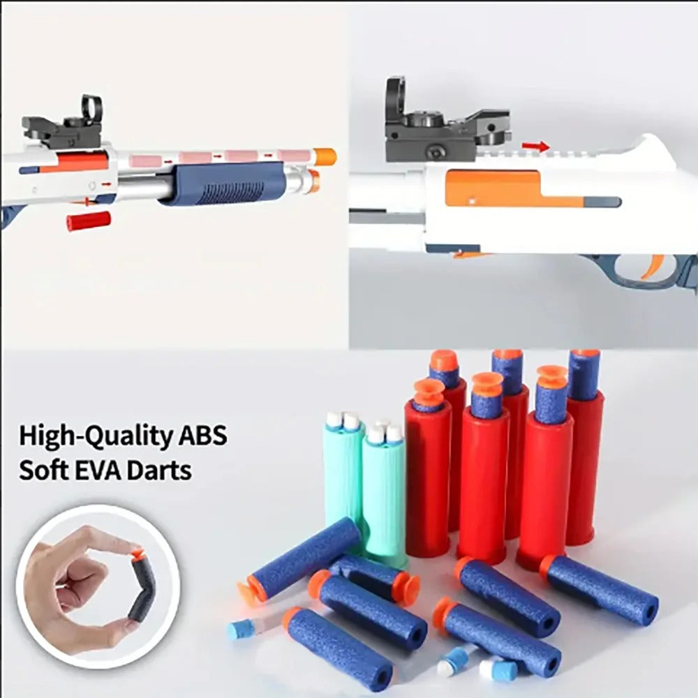 Atlas pump-action shell blaster shotgun — detail shot of slide, grip and trigger