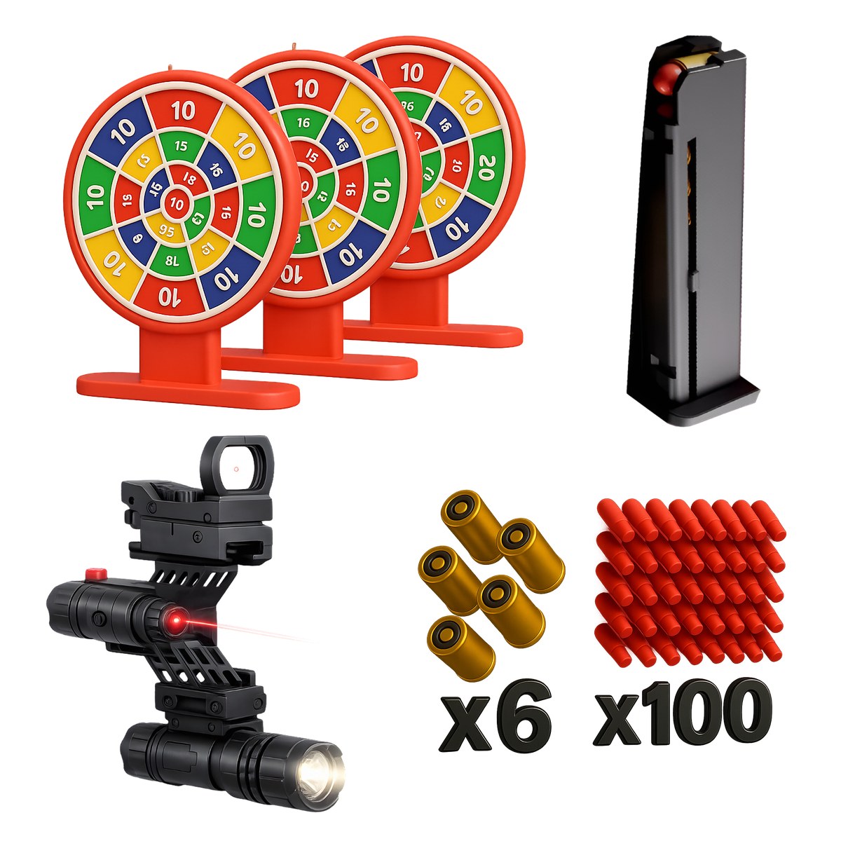 Raven full bundle gear: 3 dart targets, extra clip, 3-in-1 red dot + laser + flashlight, 100 darts + 6 casings