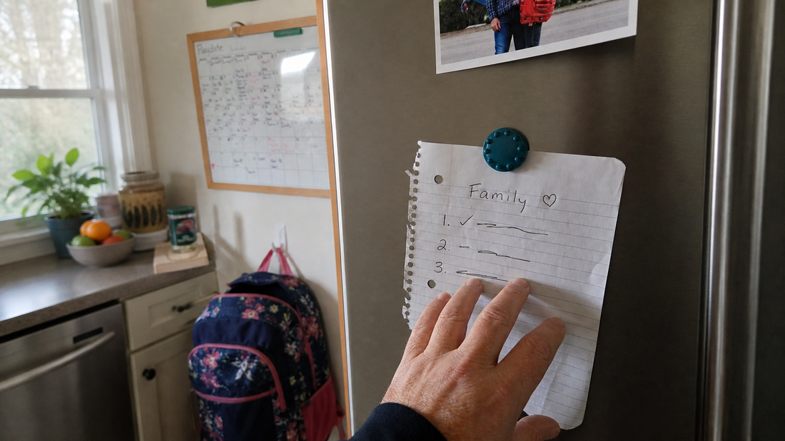 A handwritten family safety checklist on a kitchen refrigerator before a playdate.