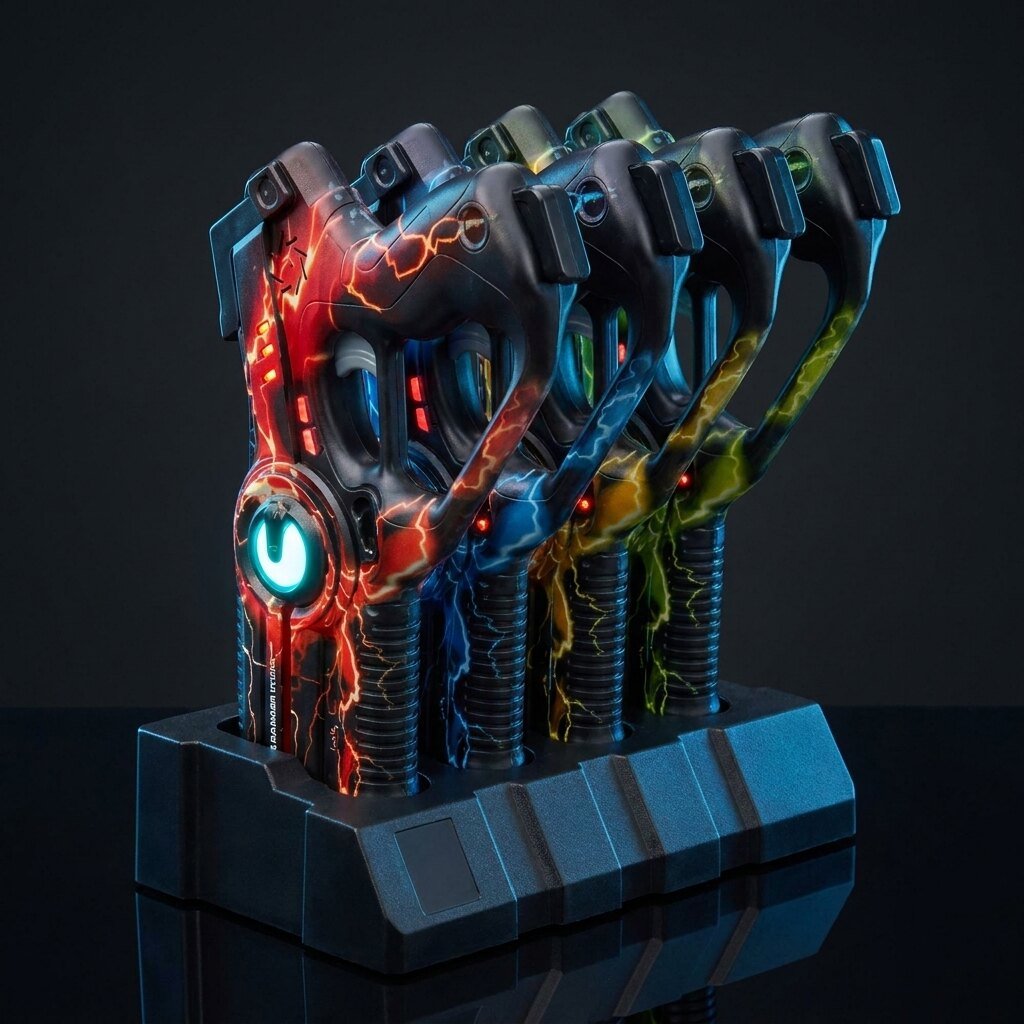 Photon Laser Blaster 4-player set in its charging dock, blasters powered on
