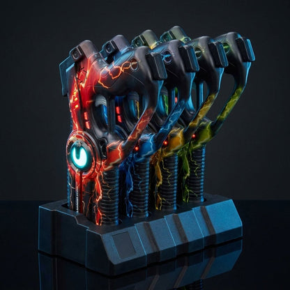 Photon Laser Blaster 4-player set in its charging dock, blasters powered on