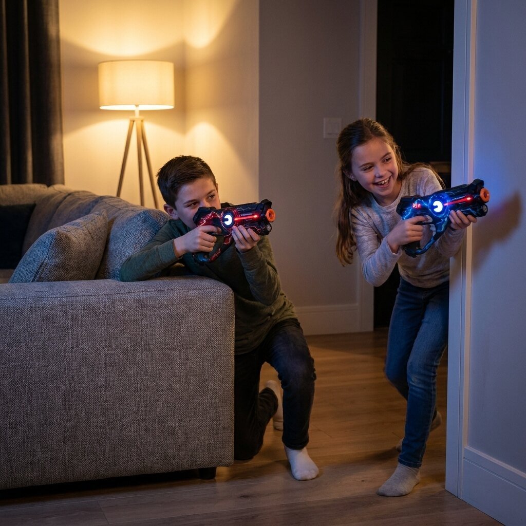 Two kids playing laser tag indoors with Photon laser blasters