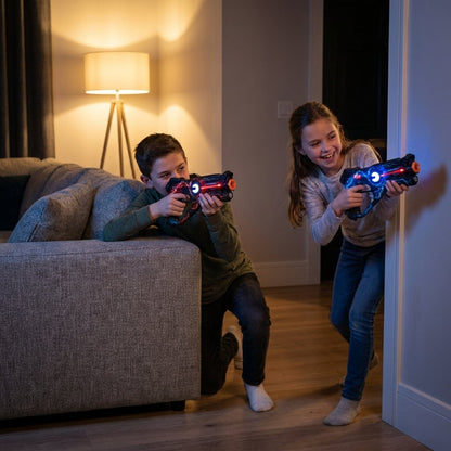 Two kids playing laser tag indoors with Photon laser blasters