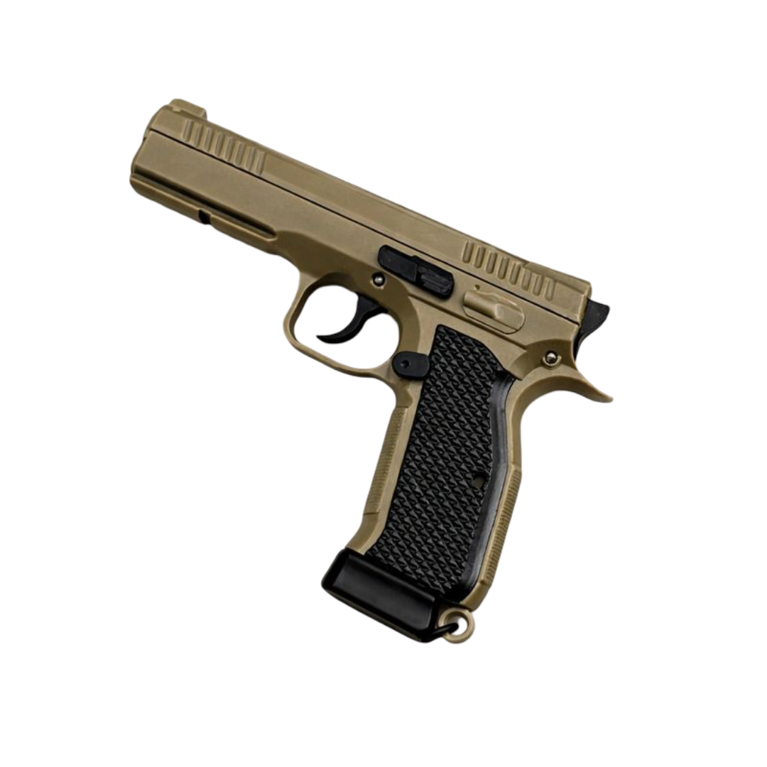 Miniature metal Mini CZ 75 Shadow Metal Keychain keychain replica — detail shot of slide, grip and trigger