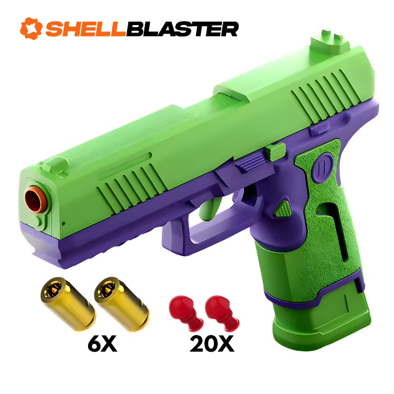 Green and purple Glock style shellblaster pistol with casings and darts