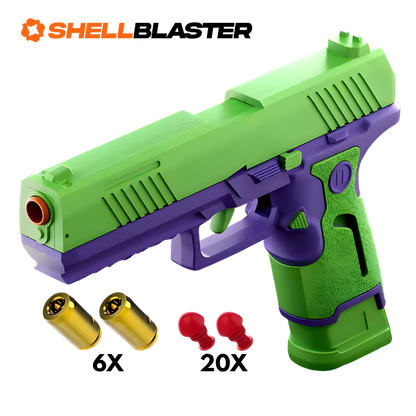 Green and purple Glock style shellblaster pistol with casings and darts