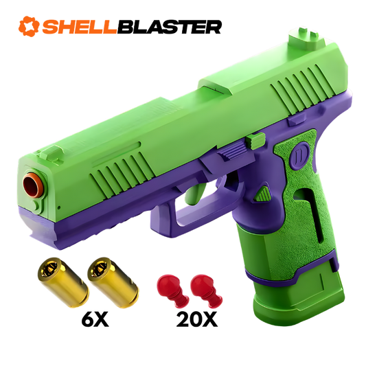 Green and purple Glock style shellblaster pistol with casings and darts