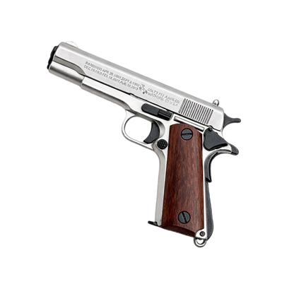 Miniature metal Mini Colt 1911 Wood Grip Metal Keychain Replica keychain replica — detail shot of slide, grip and trigger