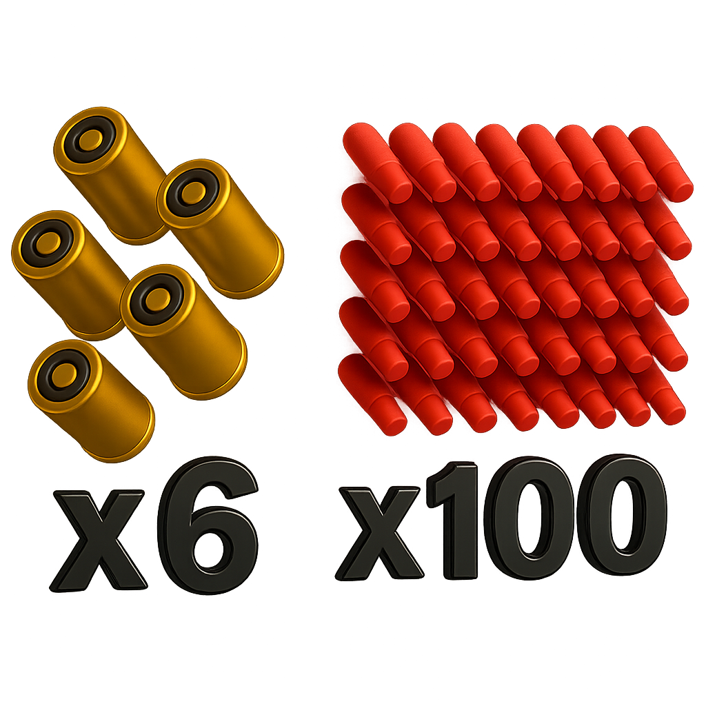 Ammo refill pack with six gold casings and one hundred red plastic darts