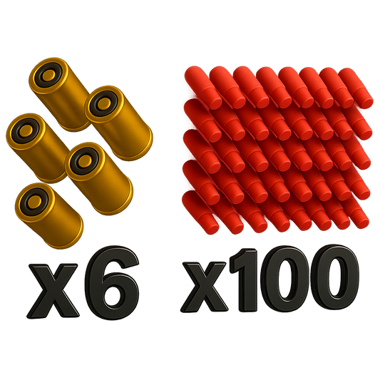 Ammo refill pack with six gold casings and one hundred red plastic darts