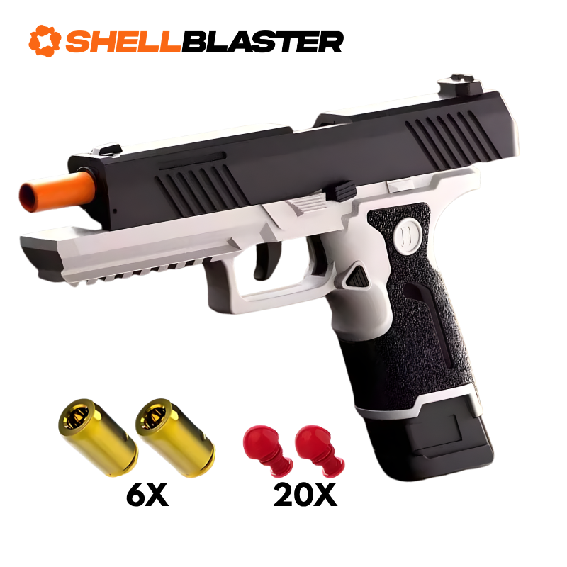 Striker toy shell blaster pistol — side profile view