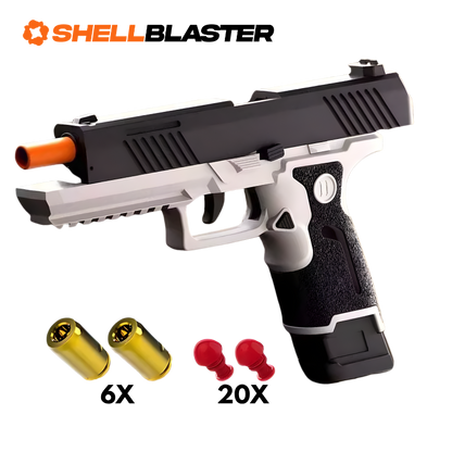 Striker toy shell blaster pistol — side profile view