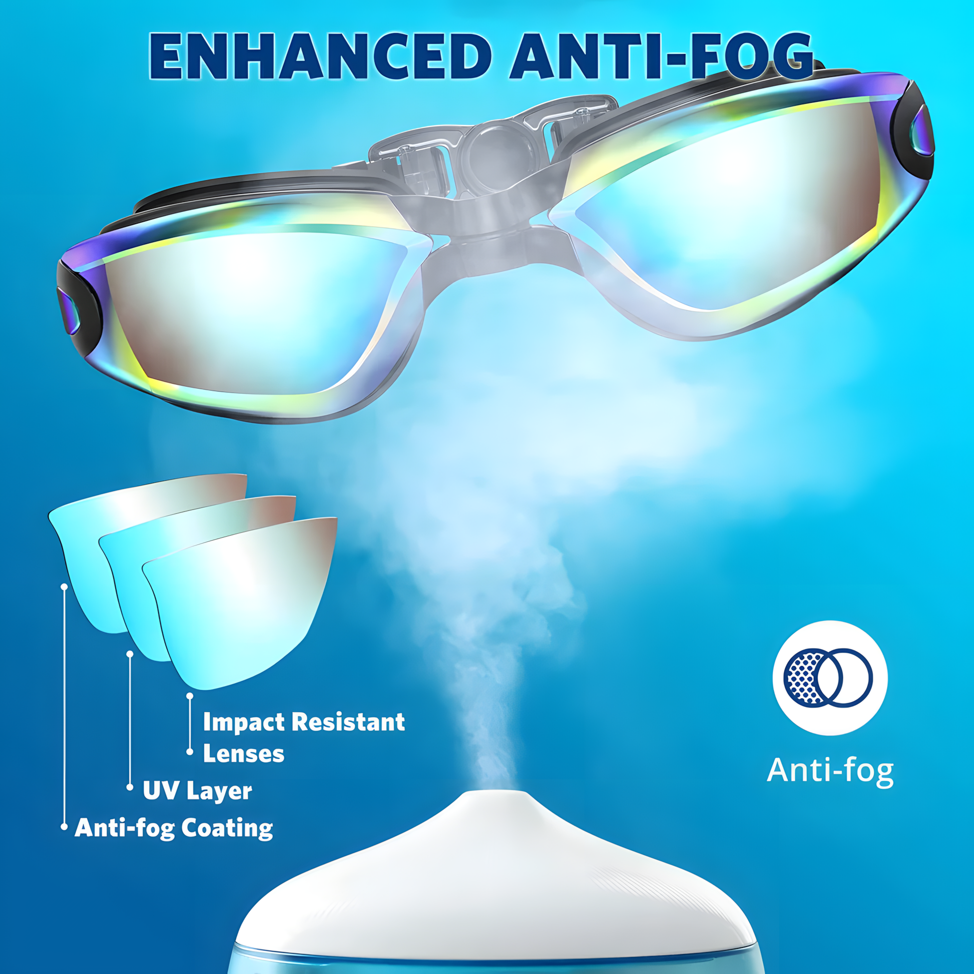 Swimming goggles with anti-fog technology on a blue background