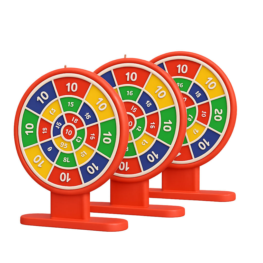 Three colorful circular stand targets with scoring zones