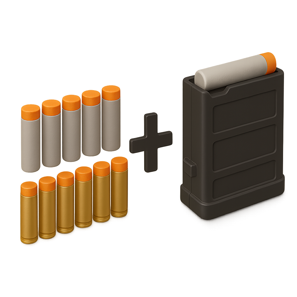 Extra dart pack with five white shells, six gold casings and black magazine
