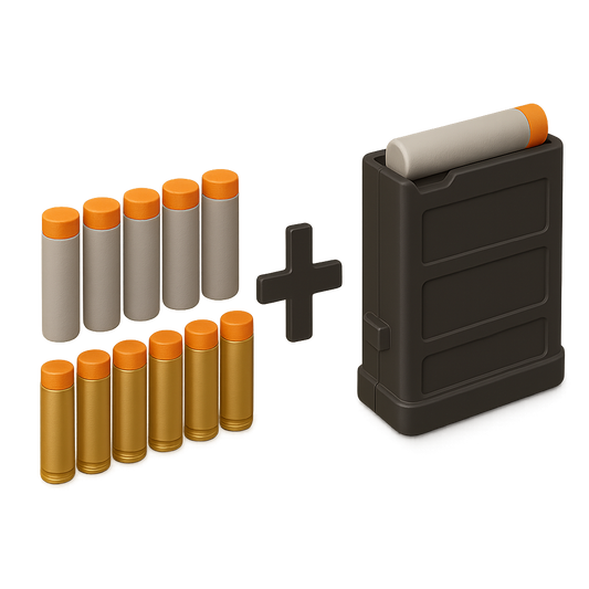 Extra dart pack with five white shells, six gold casings and black magazine