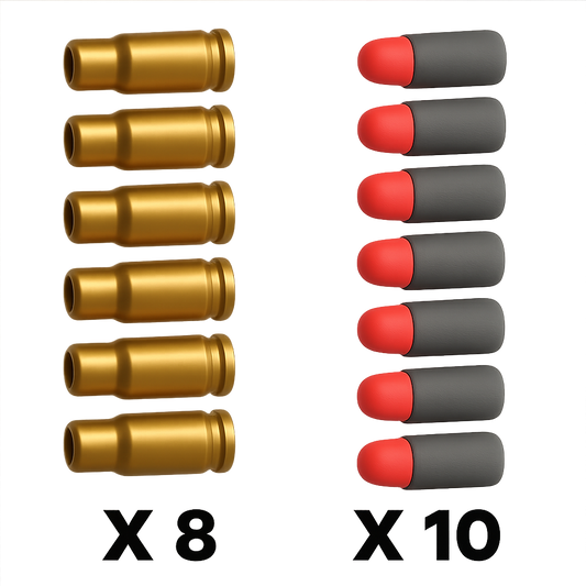 Bigblaster ammo refill with eight gold casings and ten red plastic darts