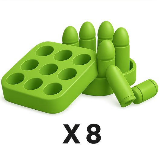 Eight green reusable casings with reload tray pack