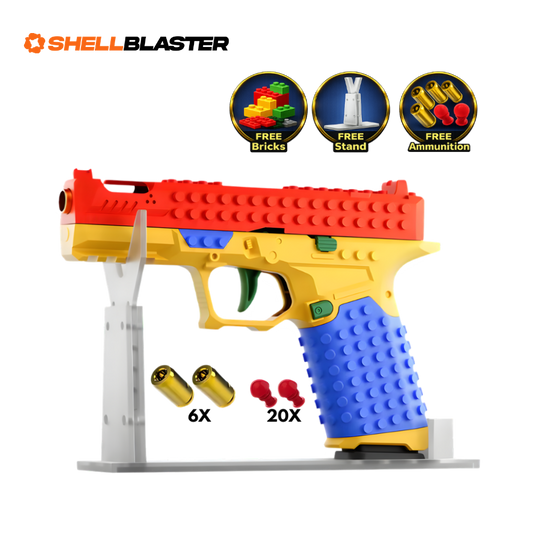 Brick-built red yellow and blue Glock style pistol shellblaster with FREE bricks, stand and casings