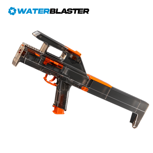 Water blaster toy gun with orange accents on a white background, featuring the 'WaterBlaster' brand.