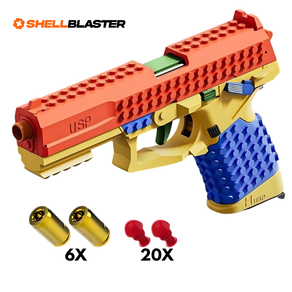 Scorpion toy shell blaster pistol — detail shot of slide, grip and trigger