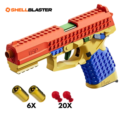 Scorpion toy shell blaster pistol — detail shot of slide, grip and trigger