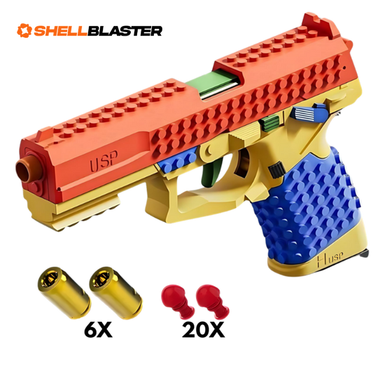 Scorpion toy shell blaster pistol — detail shot of slide, grip and trigger