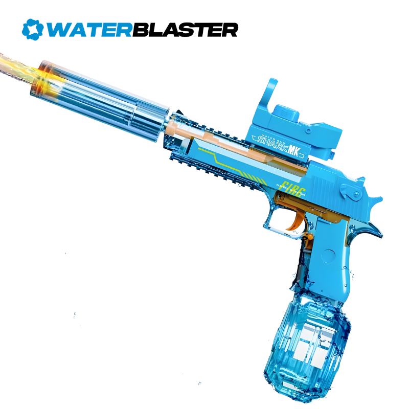 Blue water blaster toy gun with visible 'WaterBlaster' branding on a white background