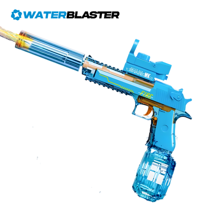Blue water blaster toy gun with visible 'WaterBlaster' branding on a white background