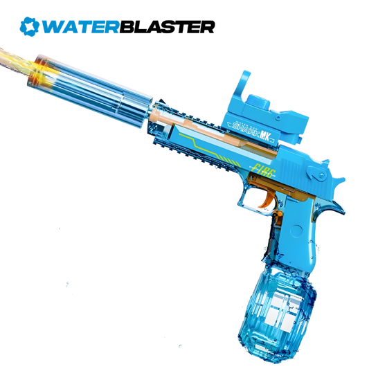 Blue water blaster toy gun with visible 'WaterBlaster' branding on a white background