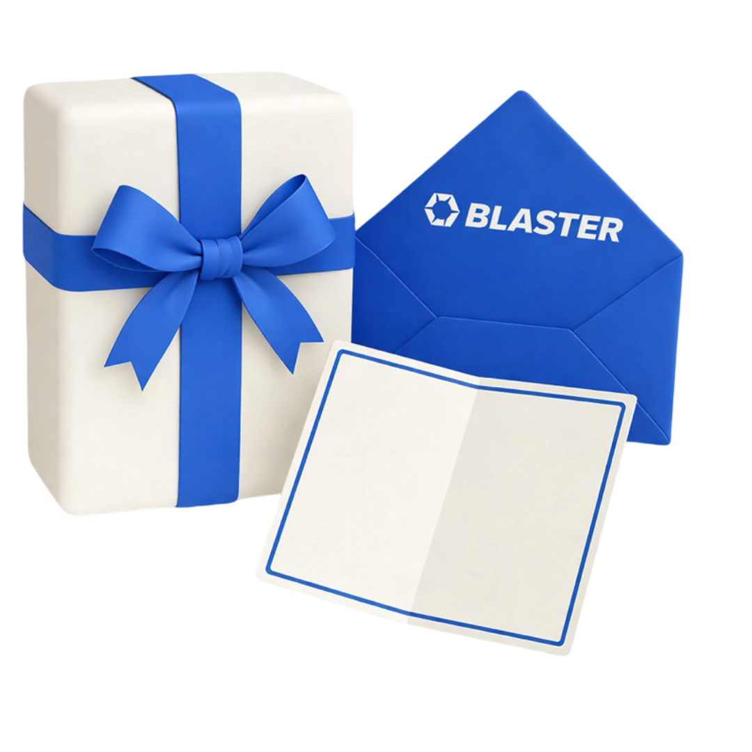Blaster gift wrap service with white box, green ribbon and card