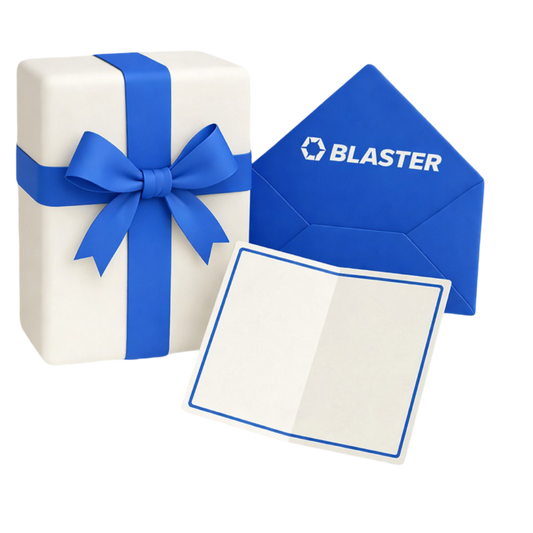 Blaster gift wrap service with white box, green ribbon and card