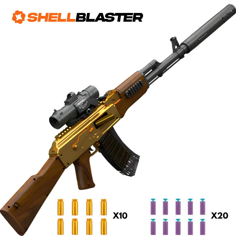 Gold AK-47 shellblaster with wooden stock, silencer, scope and thirty darts