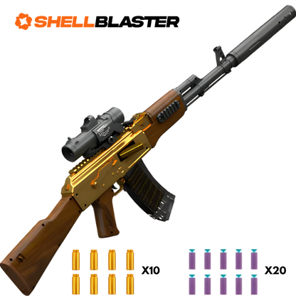 Gold AK-47 shellblaster with wooden stock, silencer, scope and thirty darts