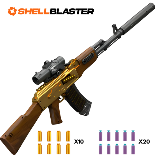 Gold AK-47 shellblaster with wooden stock, silencer, scope and thirty darts