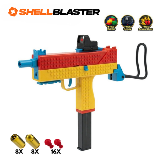 Brick-built red yellow and blue UZI SMG shellblaster with drum mag and FREE construction bricks