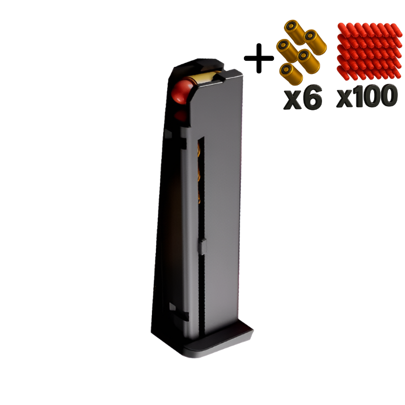 Reload pack bundle with magazine, six casings and one hundred red plastic darts