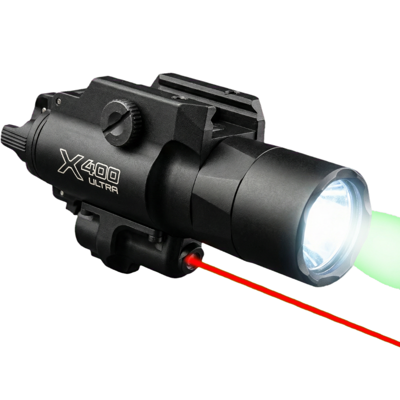 X400 style tactical flashlight with integrated red laser sight and rail mount