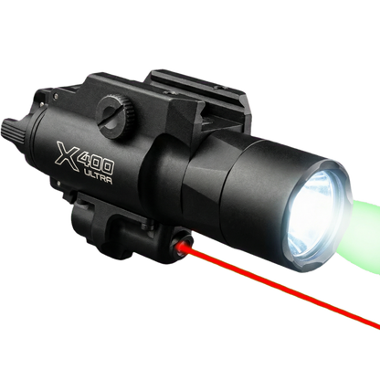 X400 style tactical flashlight with integrated red laser sight and rail mount