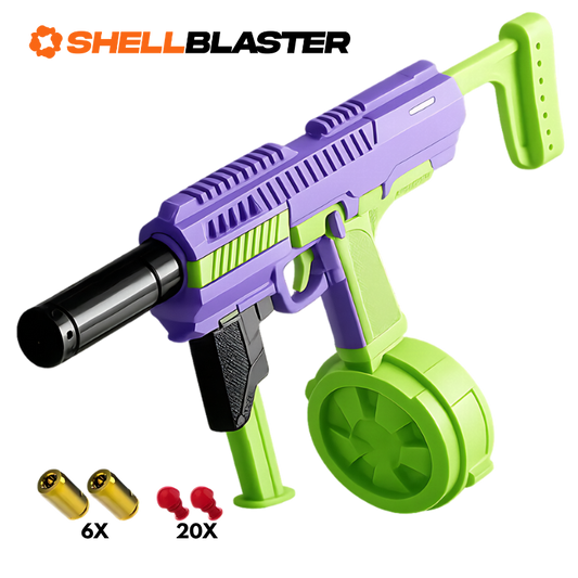 Purple and green MAC-10 SMG shellblaster with drum magazine and forty darts
