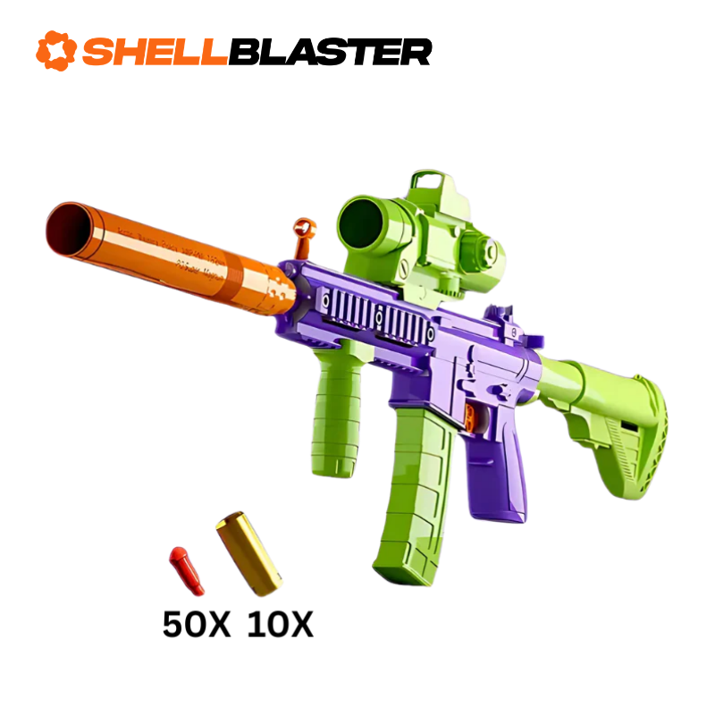 Purple and green M4 carbine shellblaster rifle with scope, orange barrel and darts