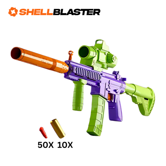 Purple and green M4 carbine shellblaster rifle with scope, orange barrel and darts