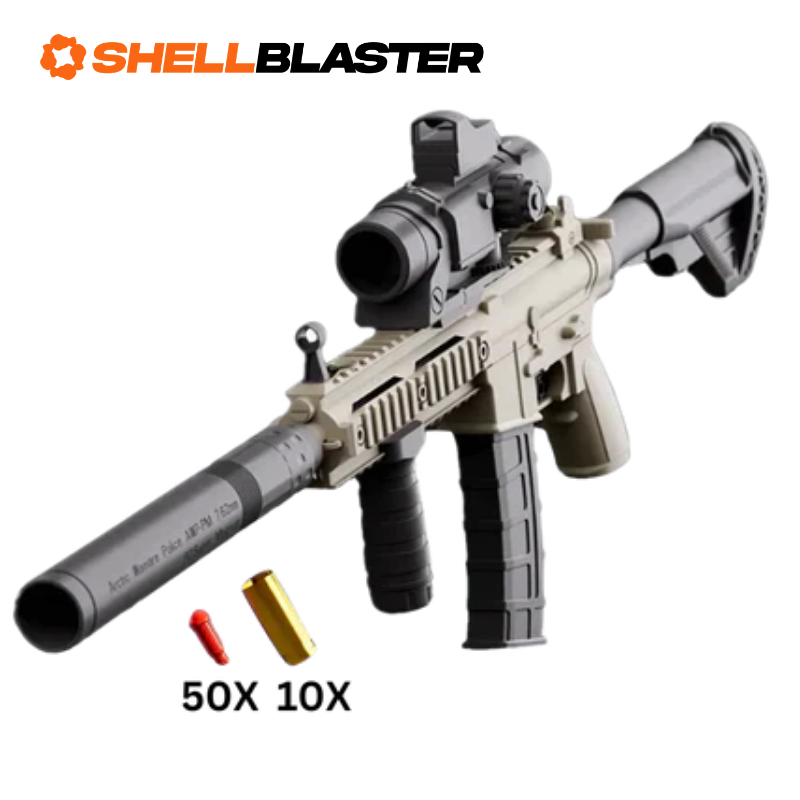 Phantom shell blaster long-gun — detail shot of slide, grip and trigger