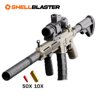 Phantom shell blaster long-gun — detail shot of slide, grip and trigger