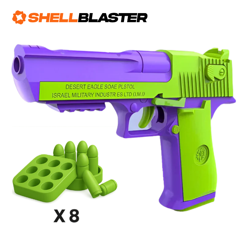 Purple and green Desert Eagle shellblaster pistol with eight green brick targets